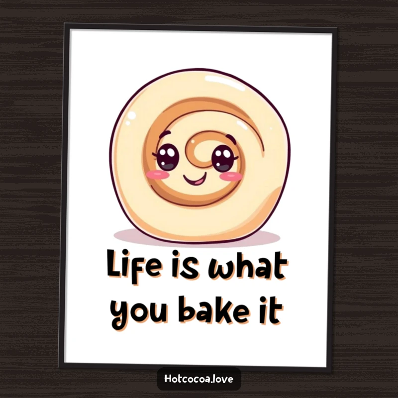 Funny Free Printable Wall Art: Cinnamon roll character rolling with glee, a delightful and humorous decoration.
