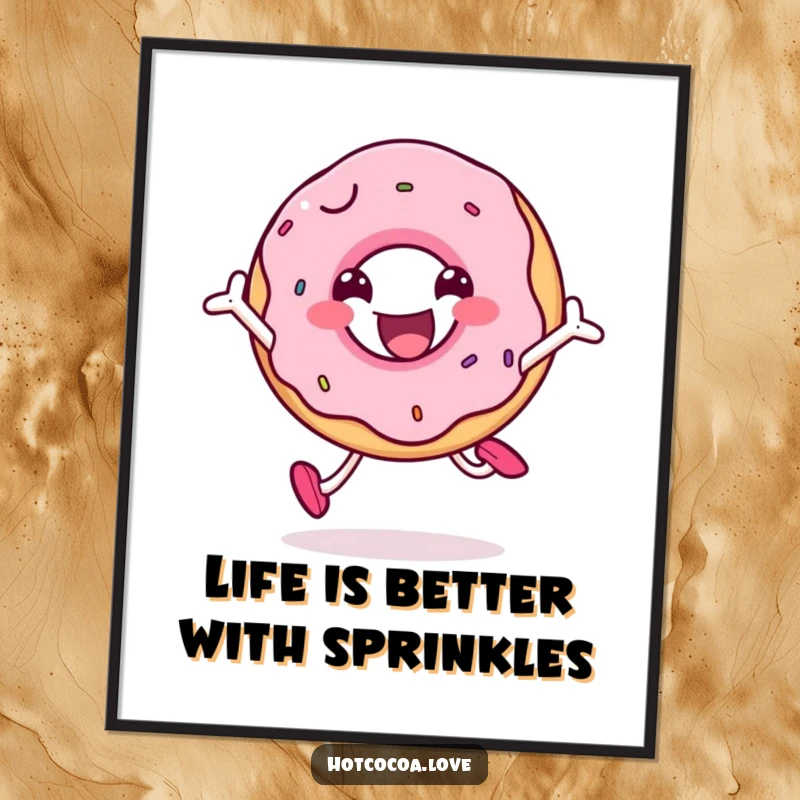 Funny Free Printable Wall Art: A smiling doughnut character captured mid-jump, radiating infectious happiness and fun.