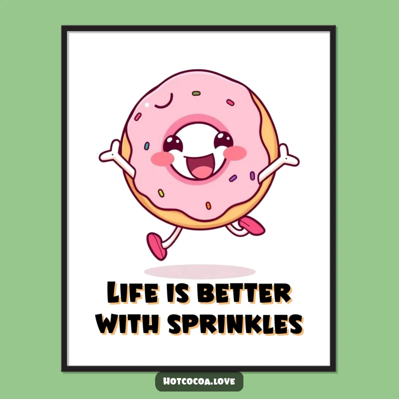 Funny Free Printable Wall Art: Joyful Doughnut Character Jumping Downloadable