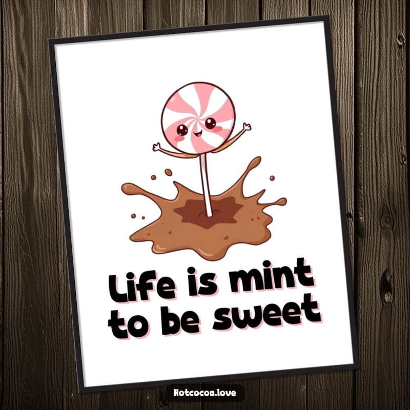Funny Free Printable Wall Art: A cheerful peppermint stick character in a precarious balancing act on a cocoa splash.