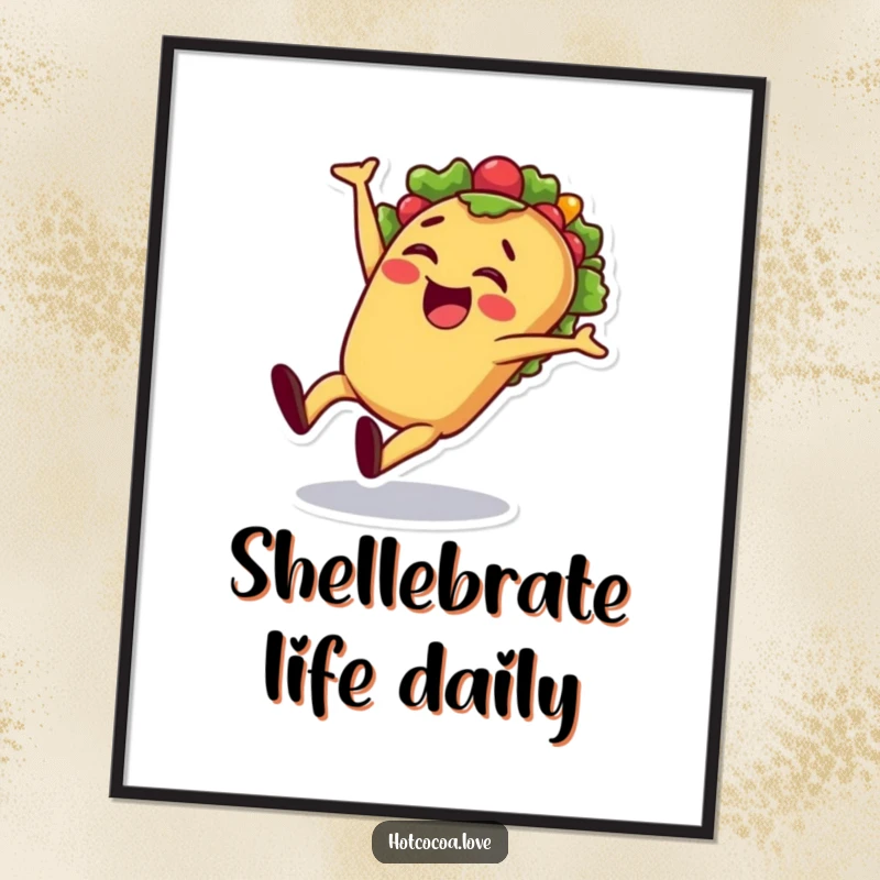 Funny Free Printable Wall Art: Cheerful taco character doing a cartwheel with a flourish, food art, quirky decor, downloadable.