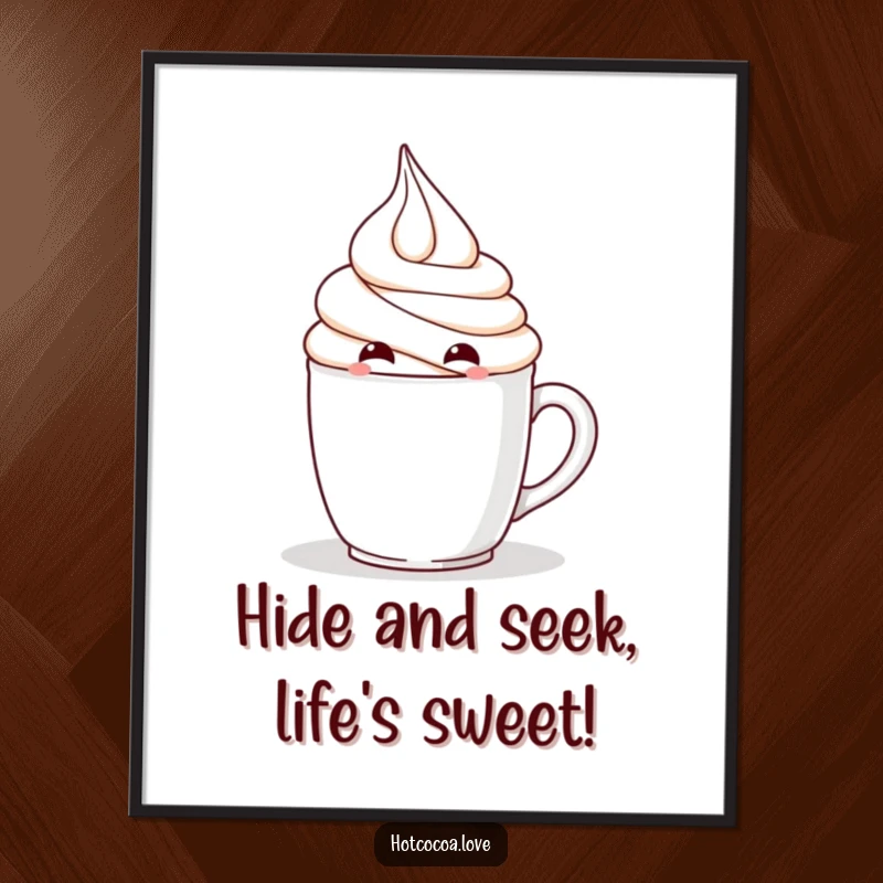 Funny Free Printable Wall Art: A mischievous whip cream character peeks playfully from behind a mug, adding a humorous element.