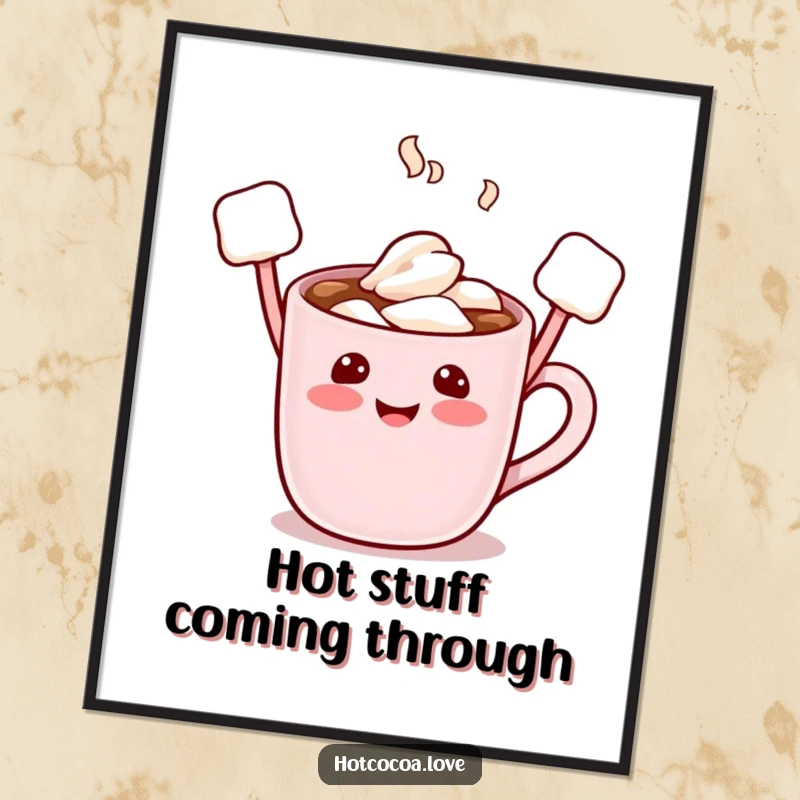 Funny Free Printable Wall Art: A hot cocoa mug character with marshmallow arms enthusiastically raised in celebration, perfect for a kitchen or cafe.