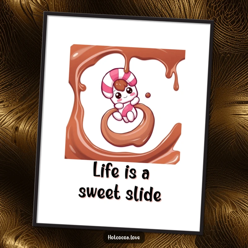 Funny Free Printable Wall Art capturing a candy cane character sliding down a luscious chocolate syrup swirl, bringing sweet, playful energy to your walls.