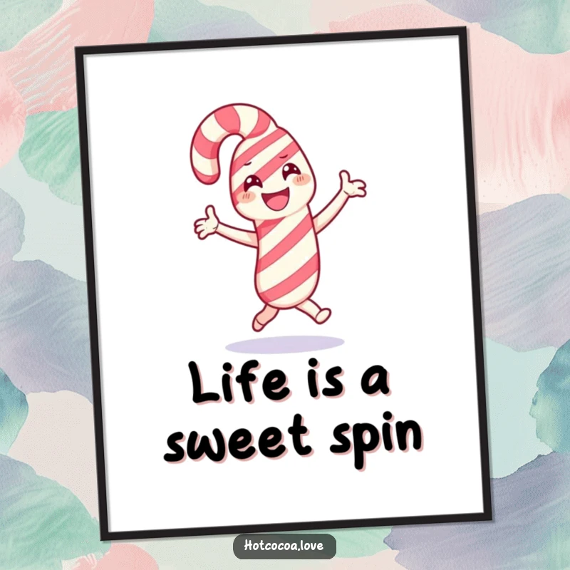 Funny Free Printable Wall Art: A smiling candy cane character in a lively celebratory dance, bringing festive energy and sweetness to your decor.
