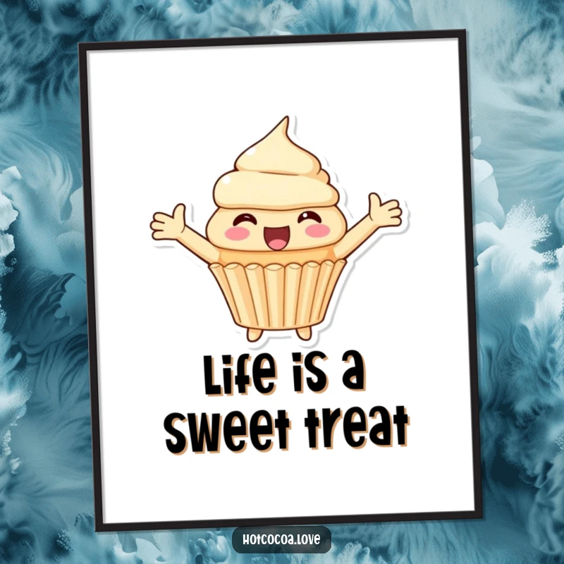 Funny Free Printable Wall Art: A happy cupcake character with arms spread wide in pure delight, welcoming and cheerful, perfect for a sweet space.