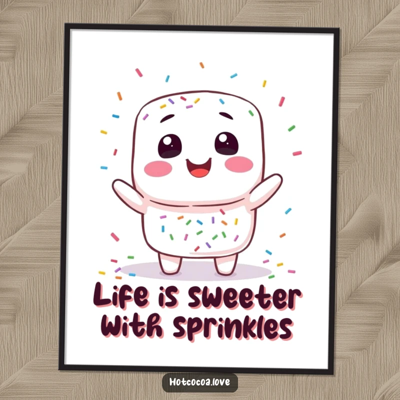 Funny Free Printable Wall Art: Marshmallow character playfully juggling colorful sprinkles, sweet decor, whimsical art, downloadable.
