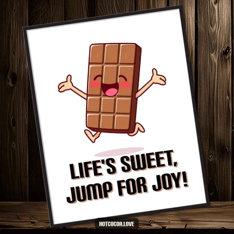 Funny Free Printable Wall Art: A jolly chocolate bar character is captured mid-jump for joy, radiating happiness and fun.