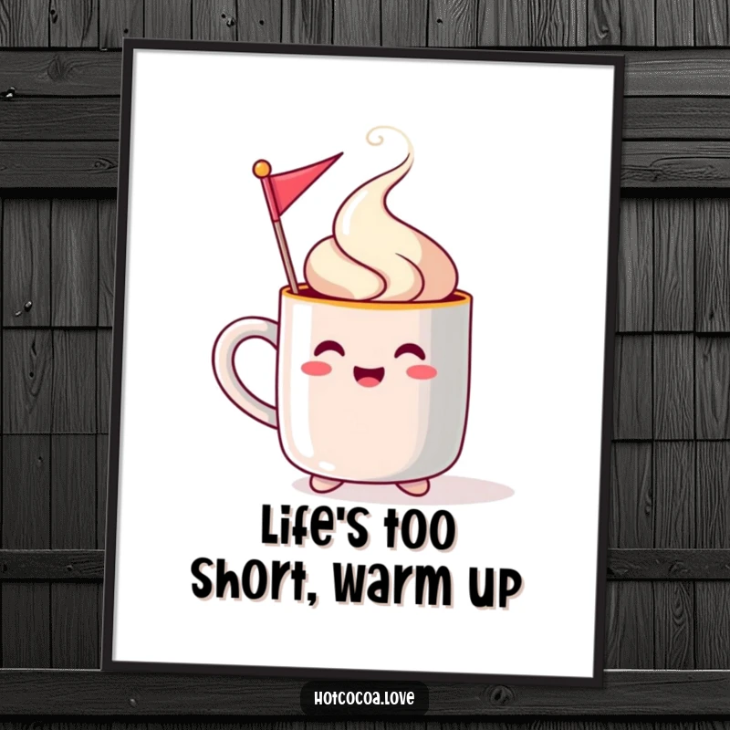 Funny Free Printable Wall Art of a steaming mug character waving a tiny, festive flag.