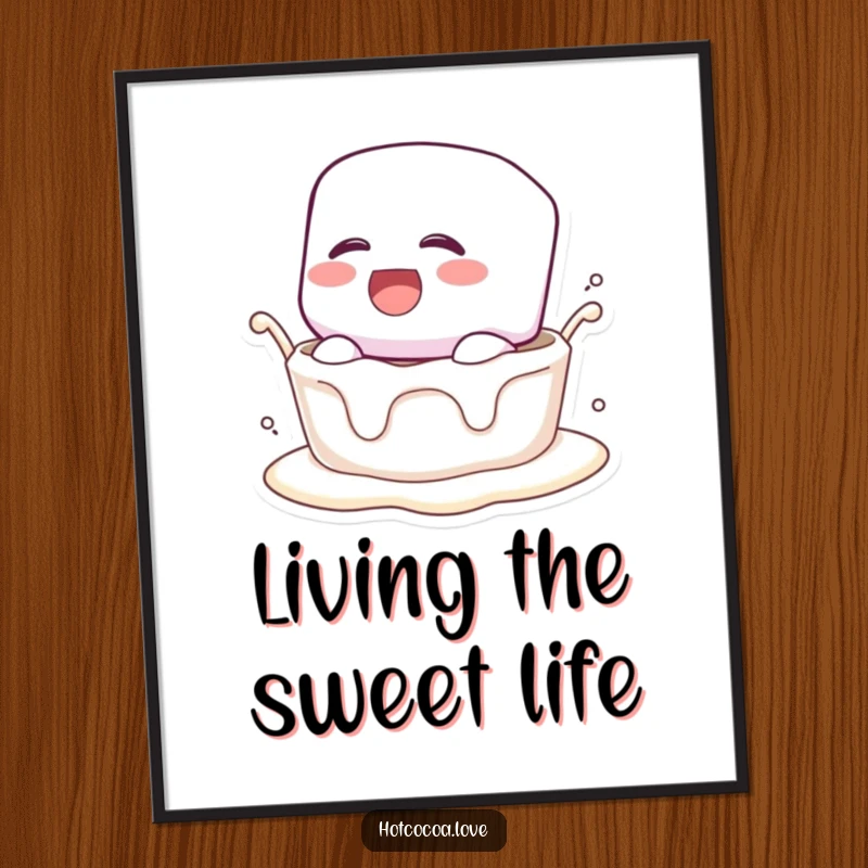 Funny Free Printable Wall Art depicts a laughing marshmallow character joyfully dunked in creamy liquid, adding a whimsical touch to any room.