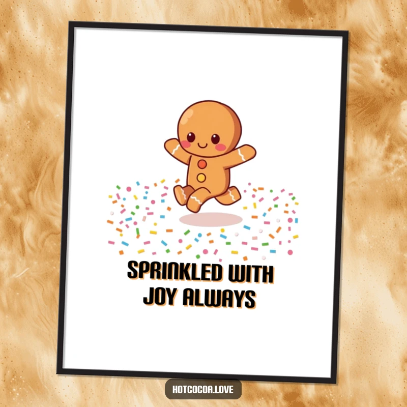 Funny Free Printable Wall Art depicts a gingerbread character happily skipping through a dazzling field of colorful sprinkles, bringing playful energy to your decor.