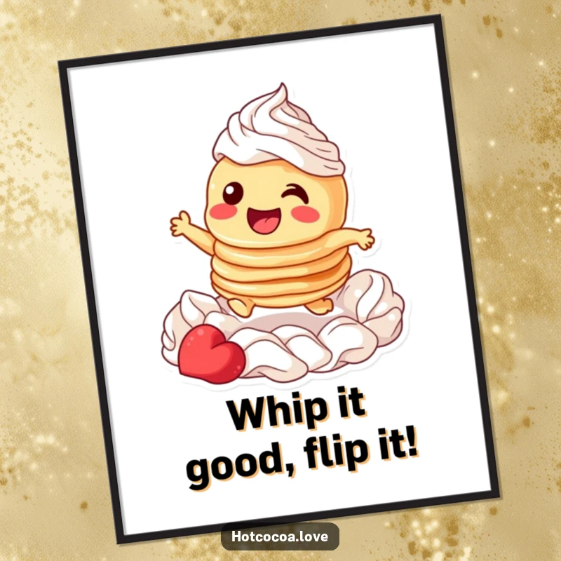 Funny free printable wall art showing a happy stack of pancakes joyfully leaping through a cloud of fluffy whipped cream.