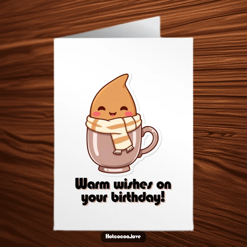 Funny Free Printable Birthday Card: Smiling cocoa bean with scarf peeking from mug, wishing happy birthday.