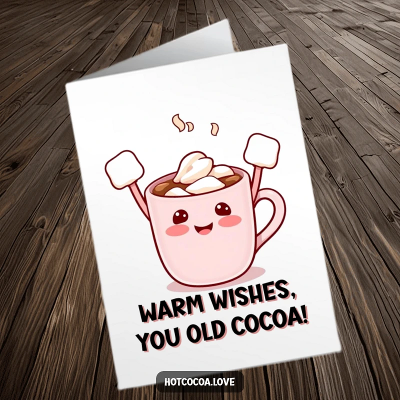Funny Free Printable Birthday Card: Hot cocoa mug character with marshmallow arms up, joyfully celebrating a special occasion, perfect for gifting.