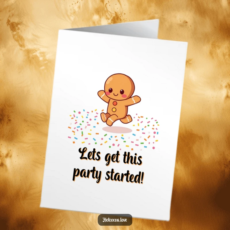 Funny Free Printable Birthday Card showing a gingerbread character joyfully skipping through a vibrant field of colorful sprinkles, celebrating with festive glee.