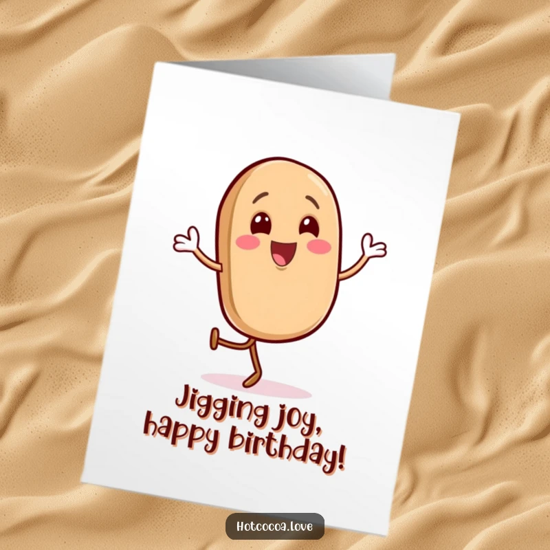 Funny Free Printable Birthday Card: A gleeful coffee bean character dances a happy jig, radiating pure birthday joy and energy.