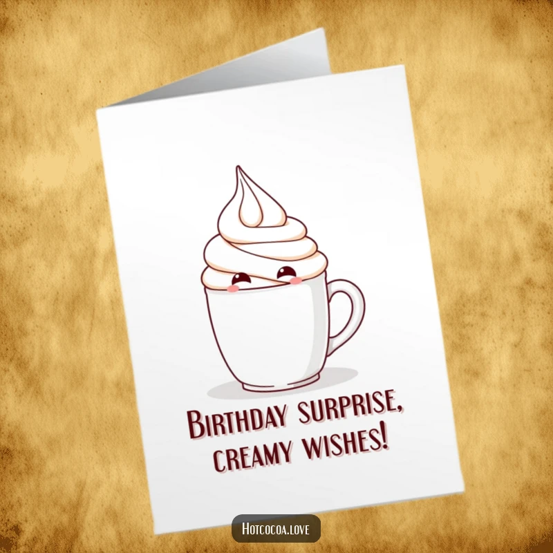 Funny Free Printable Birthday Card: A mischievous whip cream character peeks playfully from behind a coffee mug, ready to surprise.