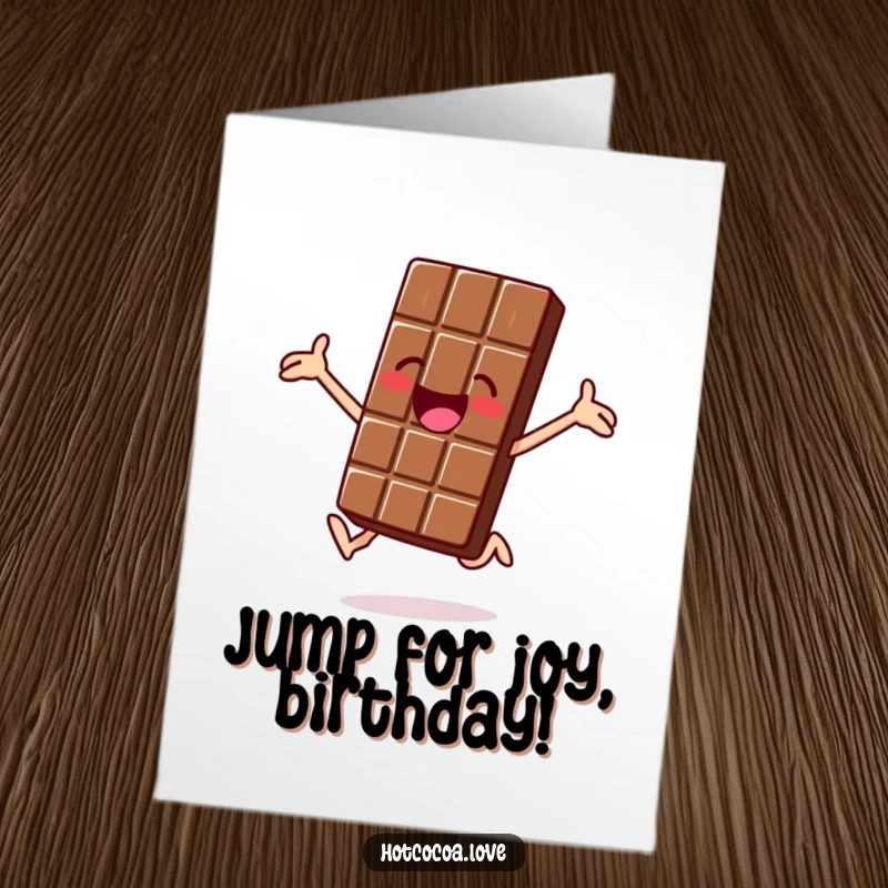 Funny Free Printable Birthday Card: A jolly chocolate bar character jumps high in the air, expressing pure birthday elation.