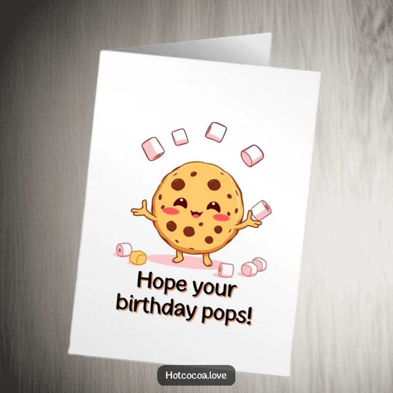 Funny Free Printable Birthday Card: A beaming cookie character joyfully juggles tiny marshmallows, celebrating a birthday.