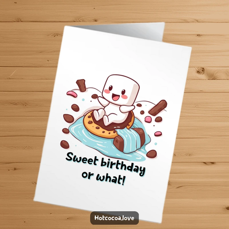Funny Free Printable Birthday Card: Happy marshmallow sliding on a cookie down a hot chocolate river for birthday.