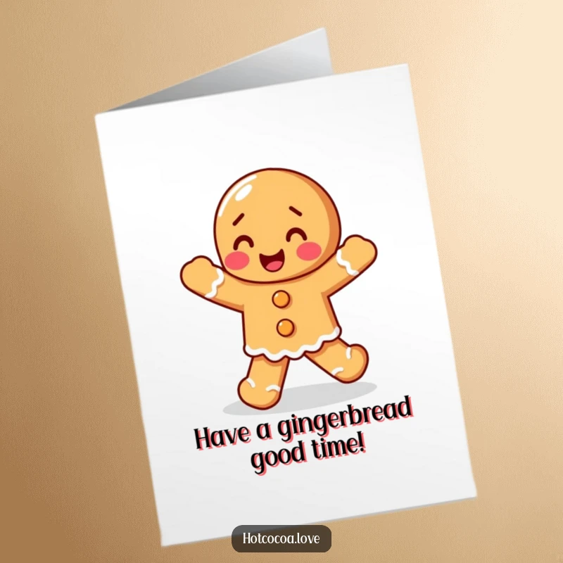 Funny Free Printable Gingerbread Birthday Card: A delighted gingerbread person does a happy jig, spreading birthday cheer with every step.