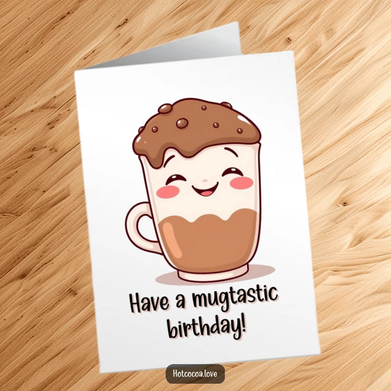 Funny Free Printable Birthday Card: A grinning hot chocolate mug mugging for the camera, spreading warmth and humor, downloadable art.