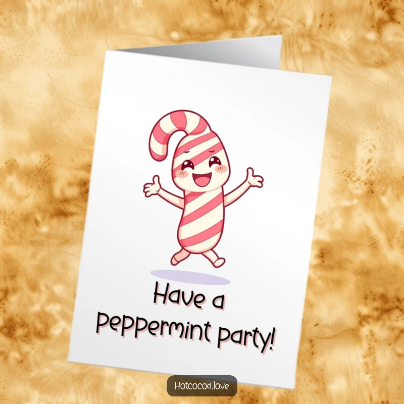 Funny Free Printable Birthday Card: A smiling candy cane character doing a celebratory dance, full of festive spirit and birthday cheer, downloadable.