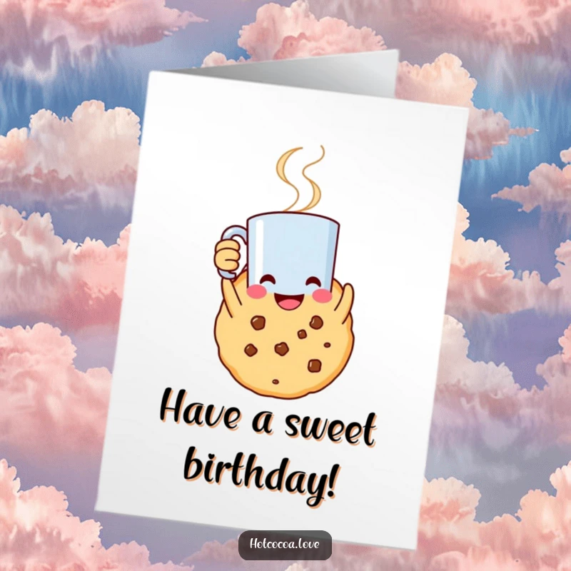 Free Printable Birthday Card: A smiling cookie character holds up a steaming mug, toasting to a happy birthday.