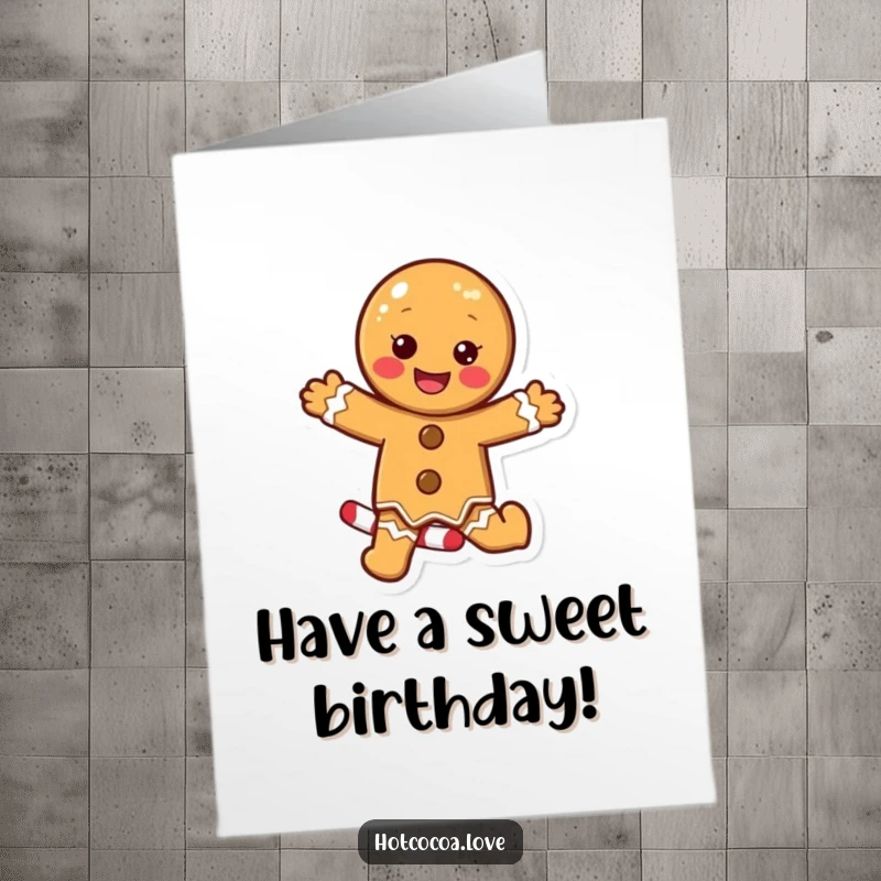 Funny free printable birthday card with a delighted gingerbread cookie character energetically dancing atop a striped candy cane.
