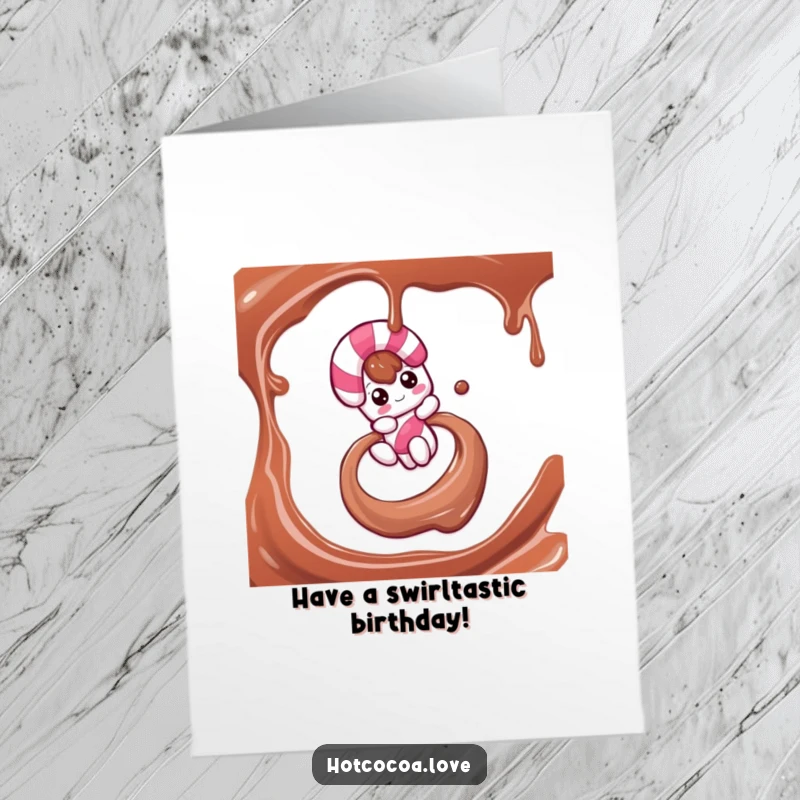 Funny Free Printable Birthday Card showing a candy cane character gleefully sliding down a swirl of chocolate syrup, celebrating with sugary delight.
