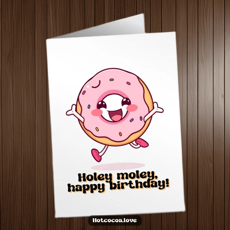 Funny Free Printable Birthday Card: A beaming doughnut character executing an energetic jump for pure birthday joy.
