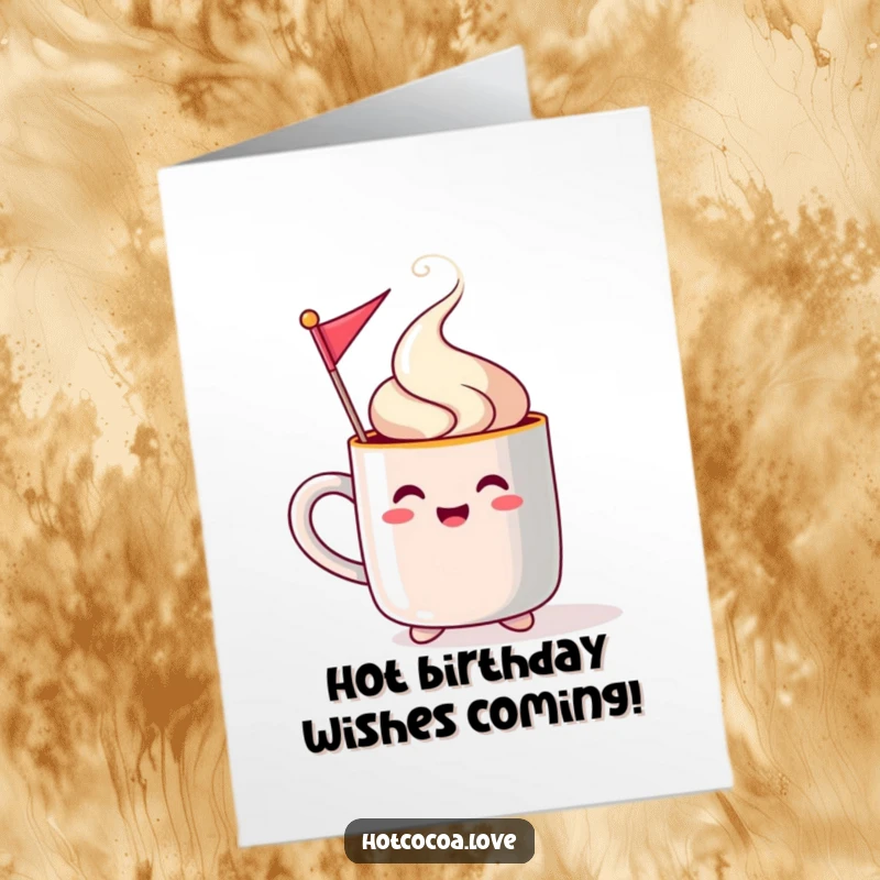Funny Free Printable Birthday Card: a steaming mug character cheerfully waves a tiny festive flag.