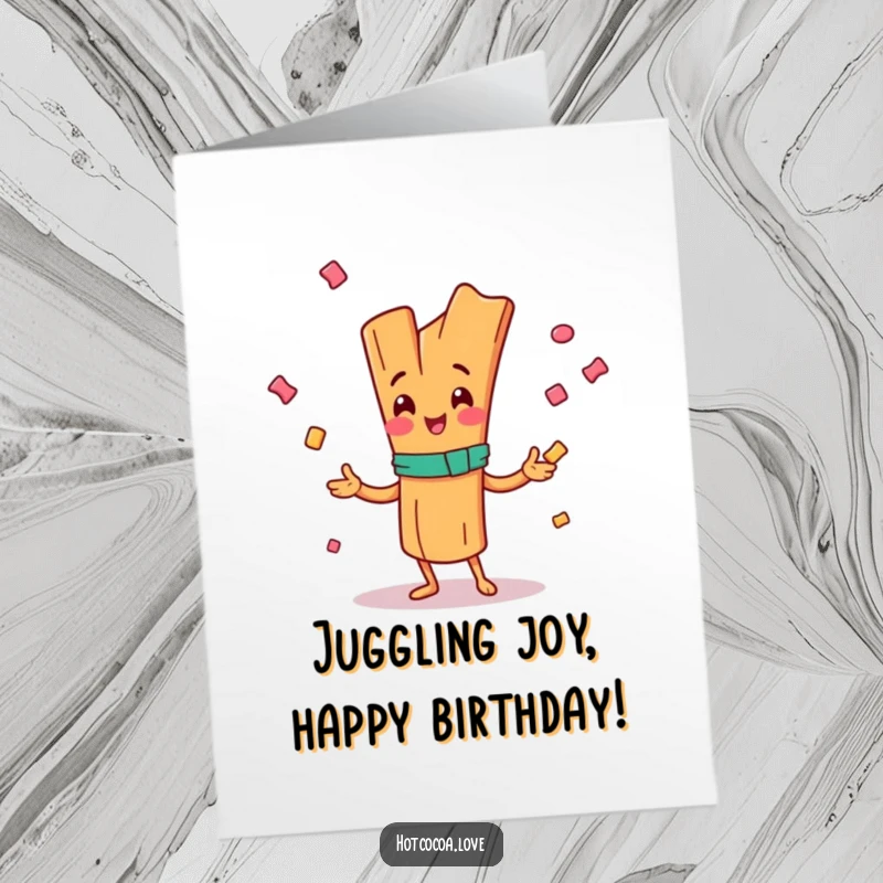 Funny Free Printable Birthday Card: A happy cinnamon stick character expertly juggles small, colorful candy pieces with a wide smile.