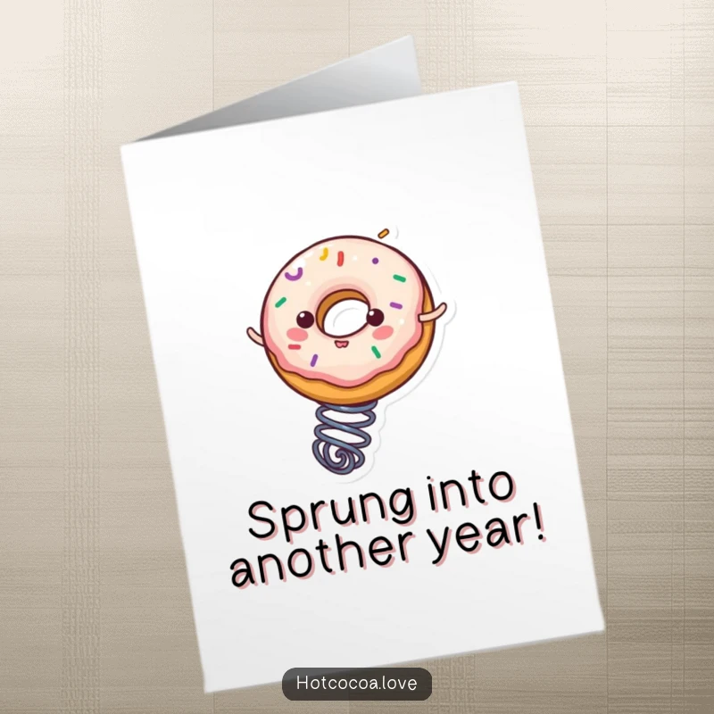 Funny Free Printable Donut Birthday Card: A sprinkle-covered donut character joyfully bounces on a spring, radiating birthday cheer.