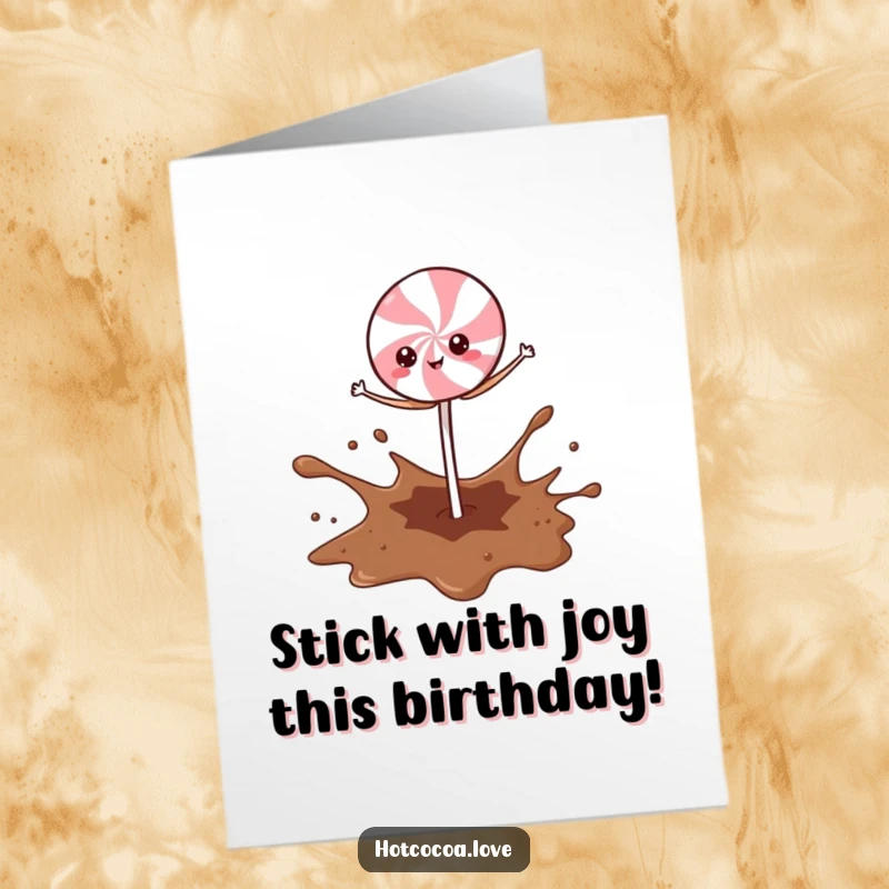 Funny Free Printable Birthday Card: Peppermint stick character masterfully balancing on a dynamic cocoa splash.
