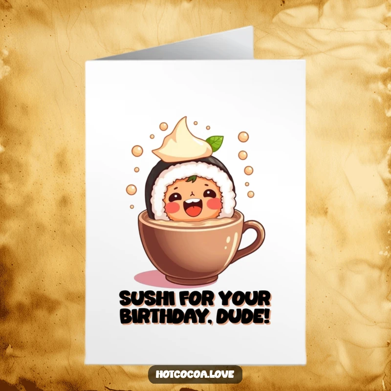 Funny free printable birthday card featuring a joyous sushi roll character drenching itself in a warm cup of cocoa.