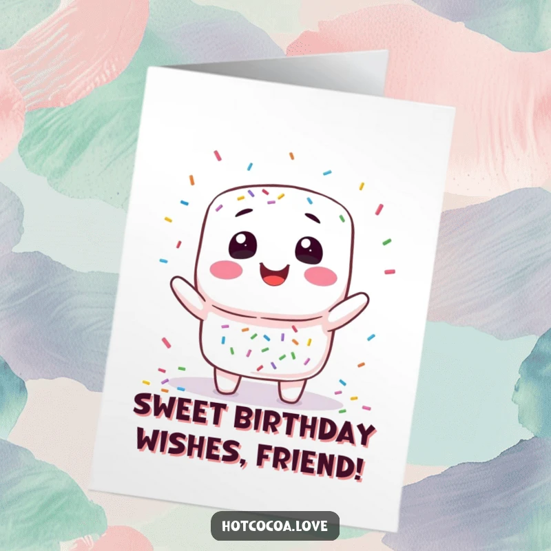 Funny Free Printable Birthday Card: Smiling marshmallow character juggling colorful sprinkles, sweet celebration, birthday fun, downloadable.