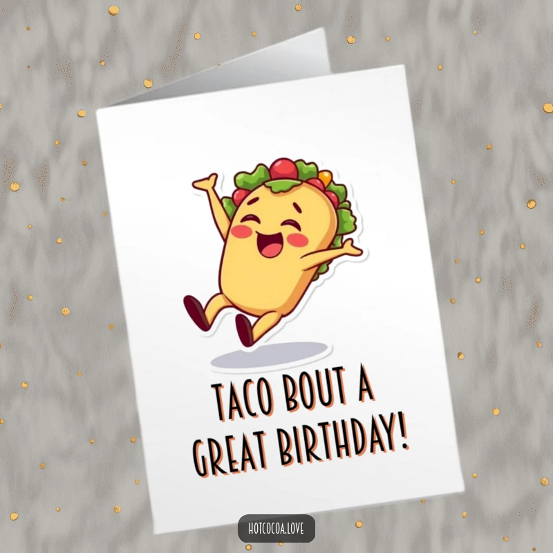 Funny Free Printable Birthday Card: Cheerful taco character doing a cartwheel with a flourish, birthday fiesta, exciting celebration, downloadable.