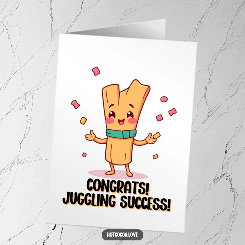 Funny Free Printable Congrats Card: A happy cinnamon stick character joyfully juggles candy pieces, celebrating a wonderful accomplishment.