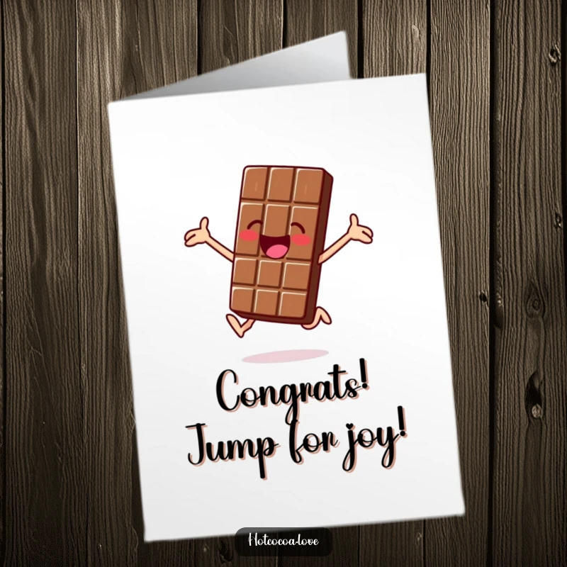 Funny Free Printable Congrats Card: A jolly chocolate bar character jumps with excitement, celebrating a wonderful achievement.