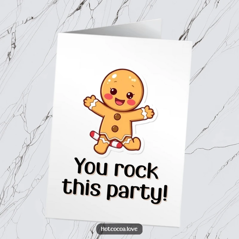 Funny free printable congratulations card featuring a happy gingerbread cookie doing a lively dance on a candy cane.