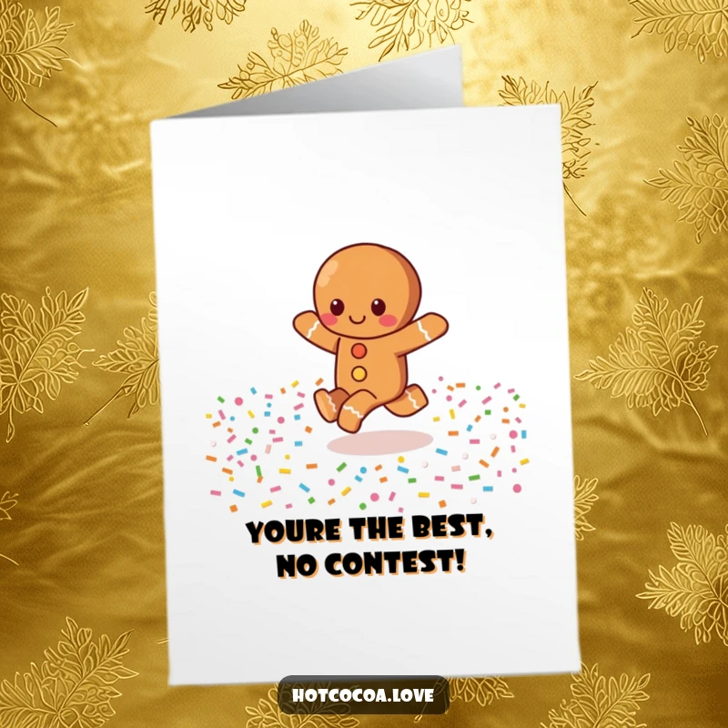 Funny Free Printable Congratulations Card featuring a gingerbread character skipping gleefully through a field of colorful sprinkles, celebrating with vibrant energy.