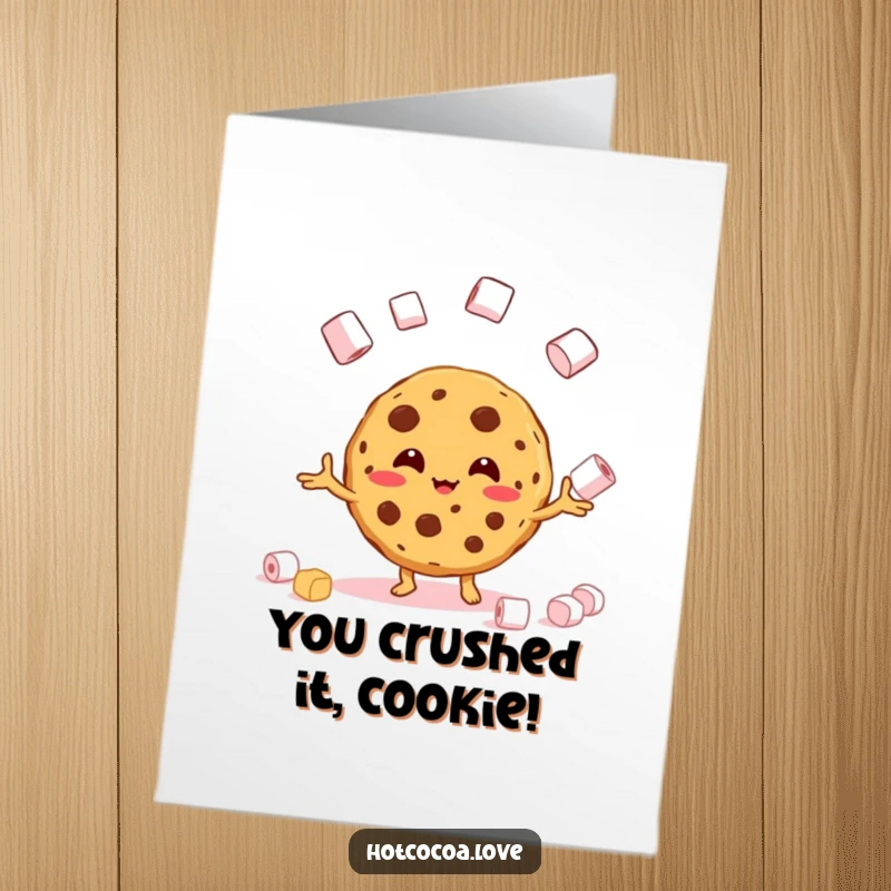 Funny Free Printable Congratulations Card: A happy cookie character attempts to juggle marshmallows, celebrating a sweet victory.