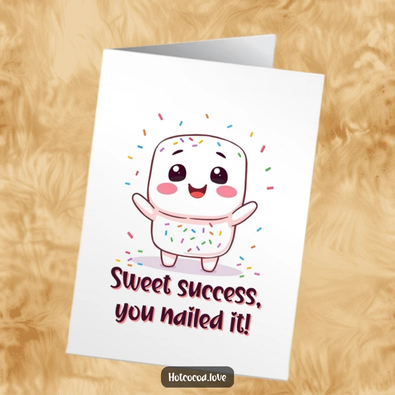 Funny Free Printable Congratulations Card: Marshmallow character playfully juggling sprinkles, sweet success, celebratory fun, downloadable.
