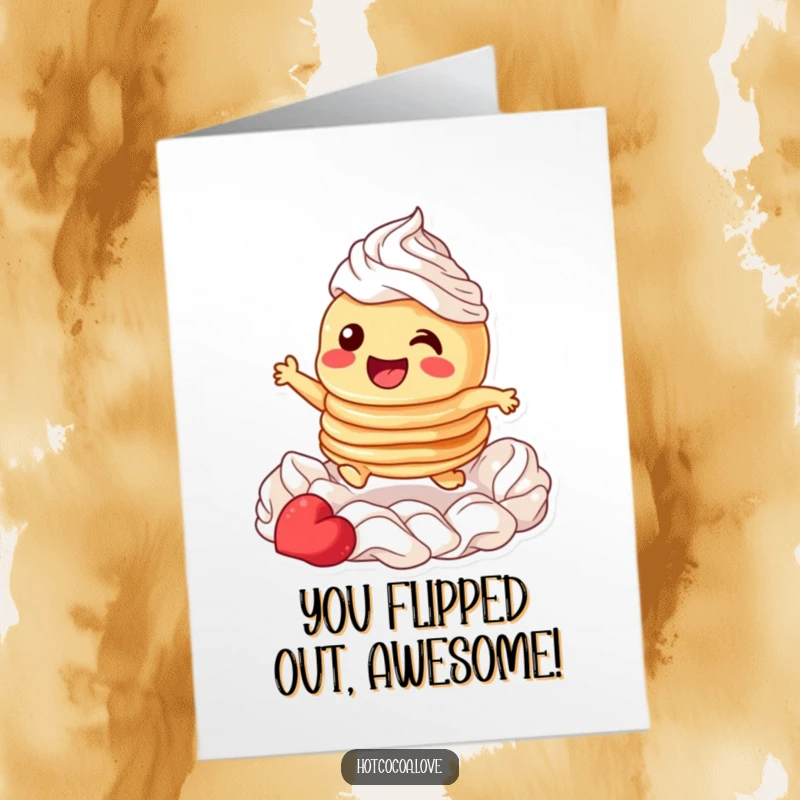 Funny free printable congratulations card showing a happy stack of pancakes mid-leap through fluffy whipped cream.