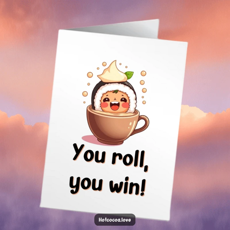 Funny free printable congratulations card showing a happy sushi roll character having a blast in cocoa.