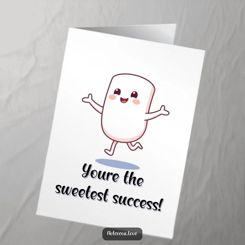 Funny Free Printable Congratulations Card: Marshmallow character hopping excitedly, arms outstretched to celebrate a win.