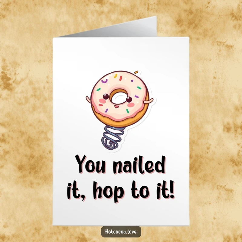 Funny Free Printable Donut Congratulations Card: A festive donut character on a spring celebrates with a joyful bounce, perfect for any achievement.