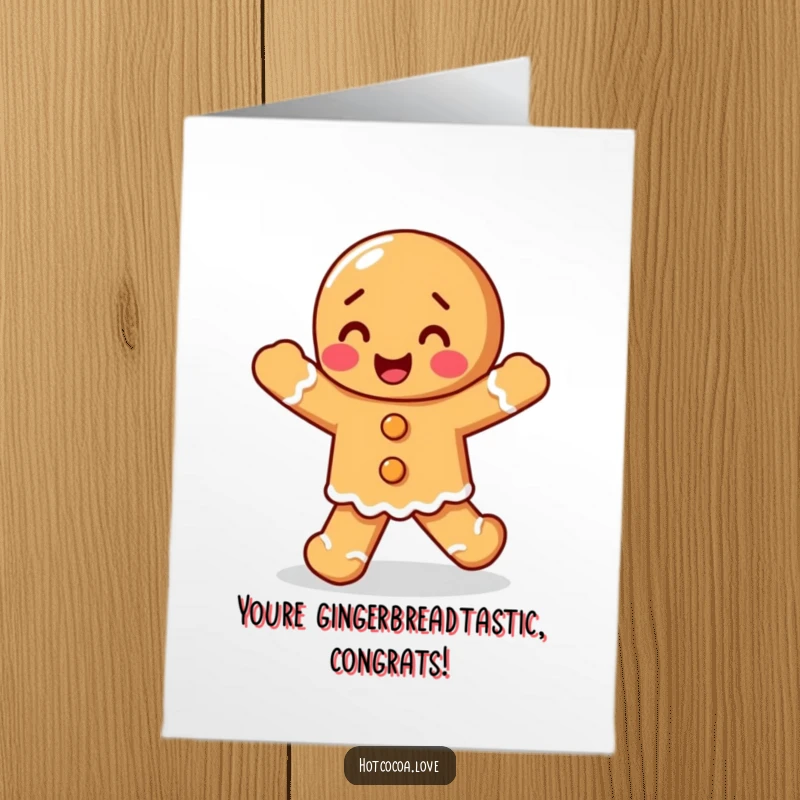Funny Free Printable Gingerbread Congratulations Card: A delighted gingerbread person does a happy jig, celebrating success with pure, infectious joy.