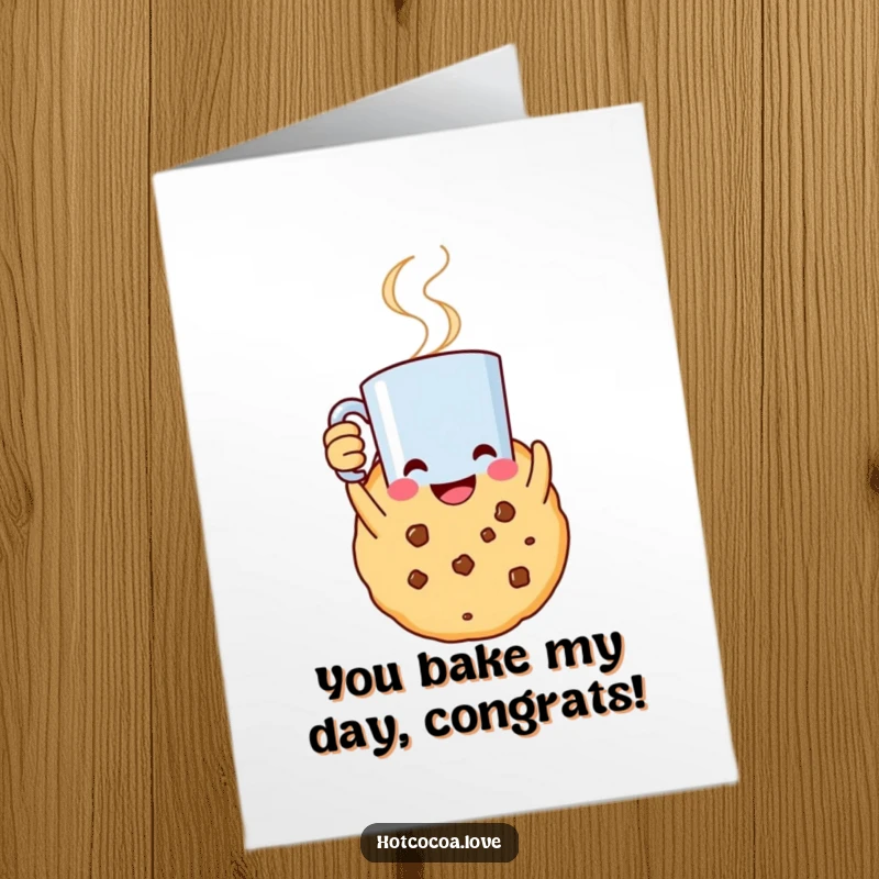 Free Printable Congratulations Card: A smiling cookie character proudly holds a steaming mug, celebrating your success.